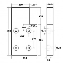 High Top Dock Bumper Front Plate Left Steel 750L x 400W x 100H Technical Drawing