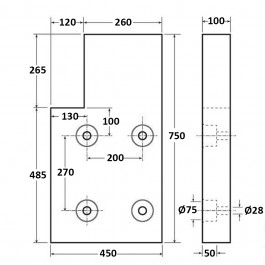 High Top Dock Bumper Right 750L x 400W x 100H Technical Drawing