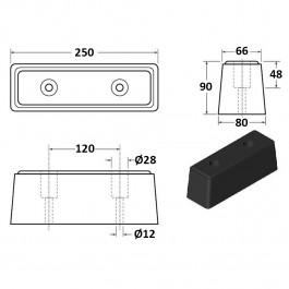 Rectangular Buffer 250L x 80W x 90H  Technical Drawing