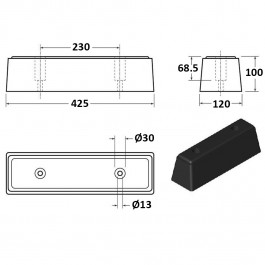 Rectangular Buffer 425L x 120W x 100H  Technical Drawing